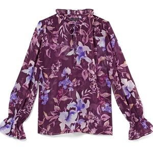 WHITE HOUSE BLACKMARKET Long Sleeve Tie Neck Printed Blouse burgundy Size M